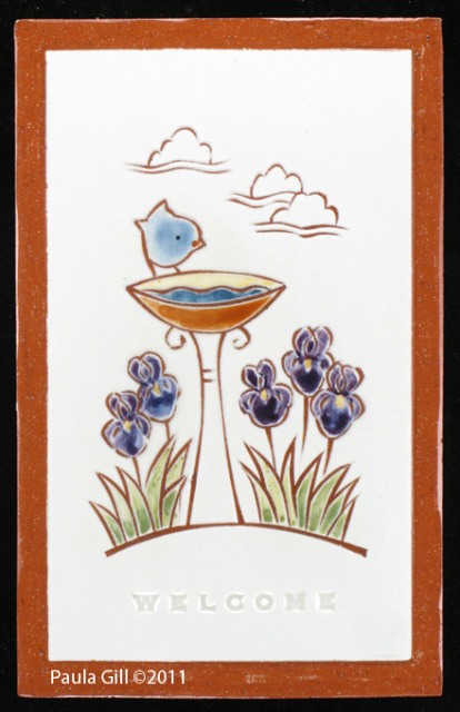 Blue Bird on Birdbath with Irises WELCOME
